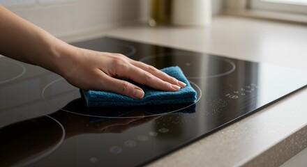 Fototapeta premium Woman Cleaning Glass Cooktop with Blue Cloth in Modern Kitchen