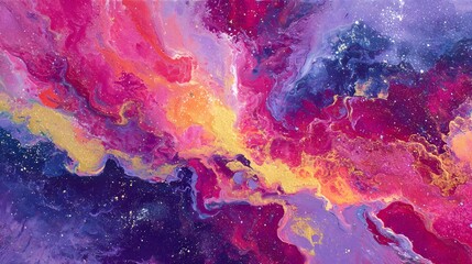 Vibrant Abstract Cosmic Painting with Pink Purple and Gold