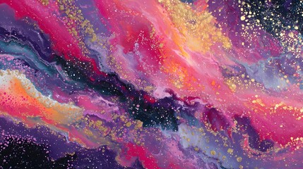 Vibrant Abstract Cosmic Painting with Pink Purple and Gold