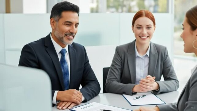 Business handshake with smiling colleagues in a bright office during a contract agreement meeting