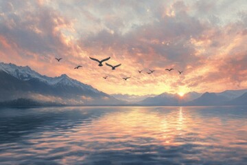 Obraz premium Majestic birds flying over calm water at dusk with vibrant sky colors and mountain backdrop, Flying Over The Water At Dusk
