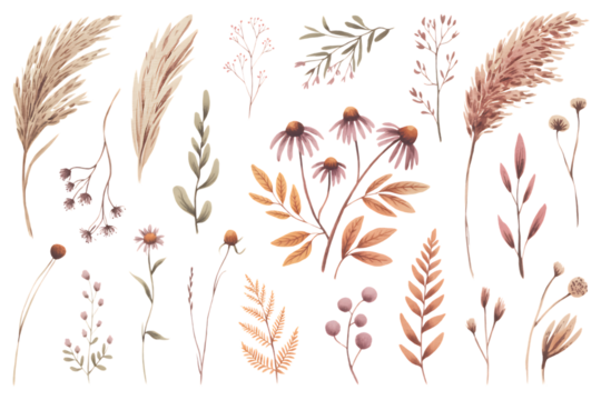 Collection of watercolor botanical elements isolated on transparent background