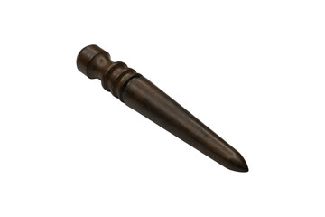 Dark wooden leather slicker with rounded handle and tapered tip is isolated.