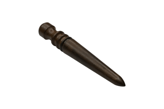 Dark wooden leather slicker with rounded handle and tapered tip is isolated.
