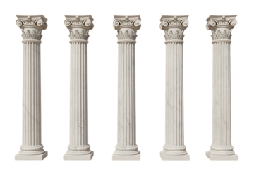 Five classical marble columns isolated on transparent background