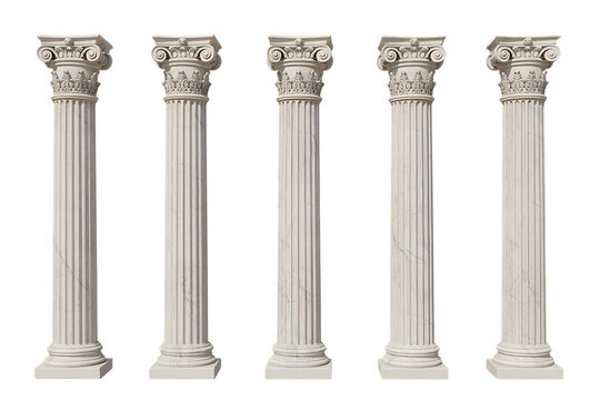 Five classical marble columns isolated on transparent background