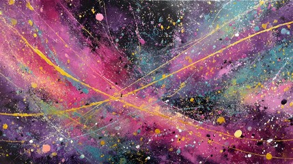 Vibrant Abstract Cosmic Painting with Pink Purple and Gold