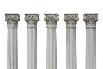 Five ionic columns isolated on transparent background