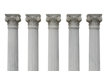 Five ionic columns isolated on transparent background