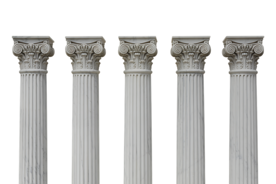 Five ionic columns isolated on transparent background