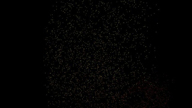 Sparkling green and rad particles in motion on black background. Abstract space dust. Minimalist design. For animation and overlay. Place for text.