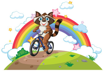 Raccoon Riding Bike Under Rainbow
