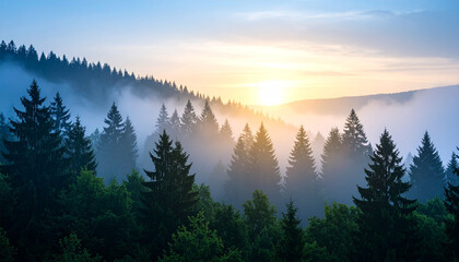 Misty Sunrise over Forest Canopy: The morning sun gently illuminates a tranquil forest, its rays piercing through a layer of mist, creating an ethereal ambiance.
