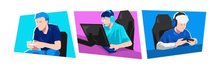 Set of male gamer, professional esport, cyber sport. Dynamic pose, activity. Cartoon flat vector illustration.