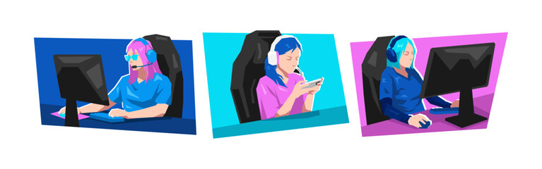 Set of female gamer, professional esport, cyber sport. Dynamic pose, activity. Cartoon flat vector illustration. © Irkhamsterstock