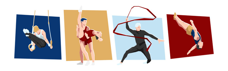 Set of gymnastics, trampoline female athlete. Dynamic pose, active. Cartoon flat vector illustration. 