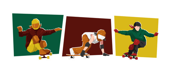 Fototapeta premium Set of female downhill skateboarding player. Dynamic action, pose. Cartoon flat vector illustration.