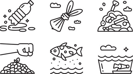 Depiction of pollution and environmental damage line icons for sustainability awareness and eco-concerns