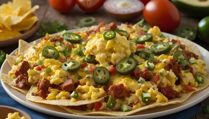 chorizo and egg breakfast nachos with jalapenos and salsa on a plate