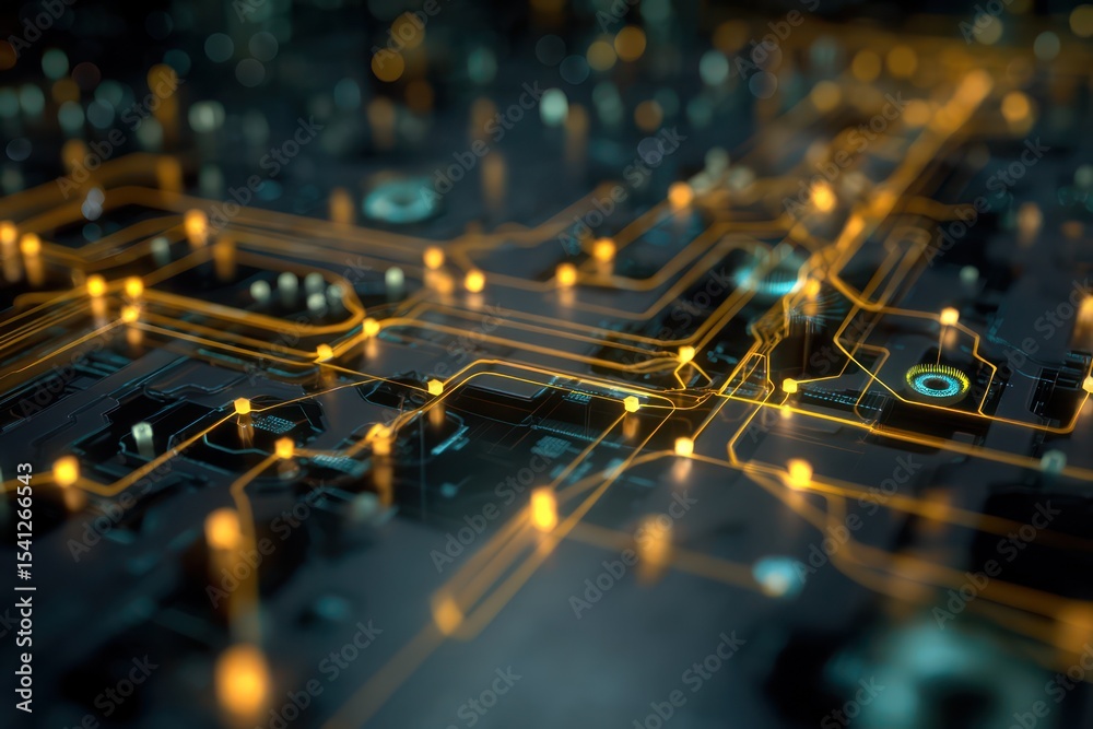 Wall mural digital circuit design blending cyberspace networks with advanced technology and data flow.