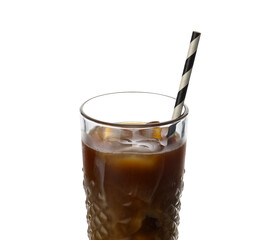 Glass of ice coffee with straw on white background