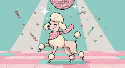 Cartoon Poodle Dog Dancing Under a Disco Ball in a Pink and Blue Scene