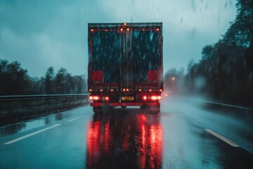 Fototapeta premium Semi Trailer truck travels down a wet highway during a rainstorm, Semi trailer truck driving on a wet road in the rain