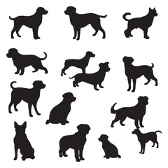 Set of black dog silhouette. Dog silhouette, vector, isolated black silhouette of a dog, collection. 