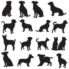 Set of black dog silhouette. Dog silhouette, vector, isolated black silhouette of a dog, collection. 