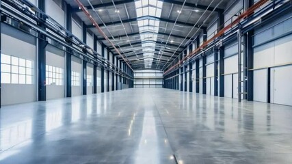 An empty warehouse with a shiny floor and metal beams under a skylight roof in a large building - Powered by Adobe