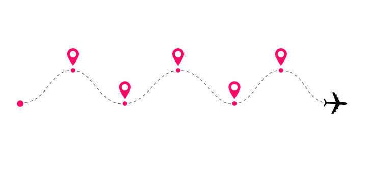 Dotted airplane route paths with flight tracking lines and global air routes showing dashed plane lines and curved aircraft trails for navigation maps and aviation themed vector illustrations