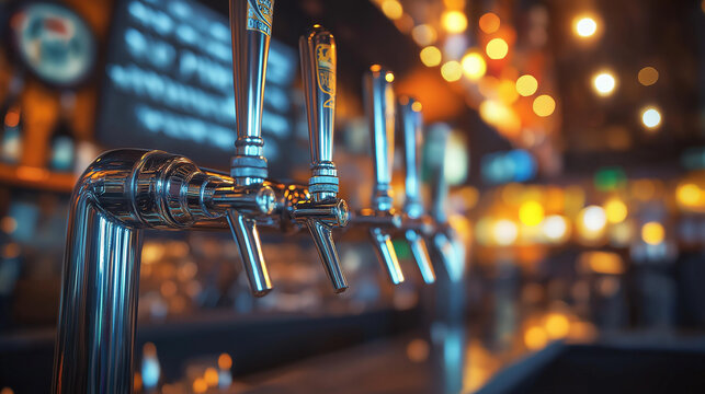 Close-up of shiny beer taps in modern bar