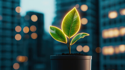 A small plant with glowing edges grows in a pot against a blurred cityscape background with bokeh lights.