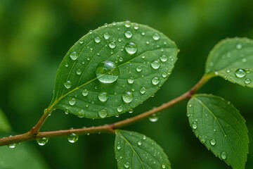 Close-Up of Fresh Green Leaves with Water Droplets in Natural Environment After Rainy Day