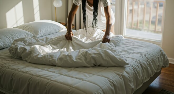 Woman Making Bed in Bright Bedroom Space with White Bedding and Natural Light
