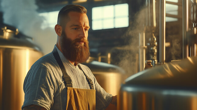 Bearded brewer working in craft beer brewery - Powered by Adobe