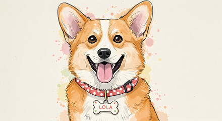 Happy Corgi Dog Portrait with Lola Name Tag in Watercolor Style