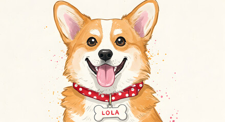 Watercolor Illustration of a Happy Corgi Dog with a Collar named Lola