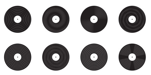 Long play vinyl discs and turntable icons DJ music equipment set Retro disco style 1970s to 1990s Nostalgic vector illustration isolated