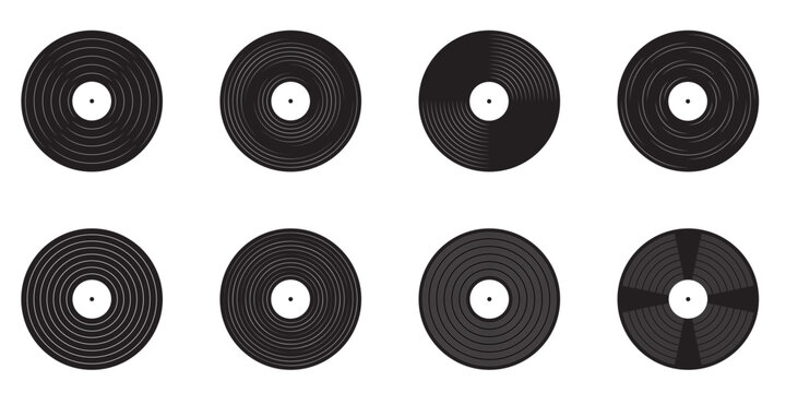 Long play vinyl discs and turntable icons DJ music equipment set Retro disco style 1970s to 1990s Nostalgic vector illustration isolated