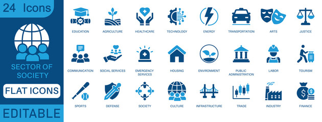 Sector of society icon set. Containing agriculture, education, healthcare, energy, technology, transportation, arts, justice and more. perfect flat icon collection.