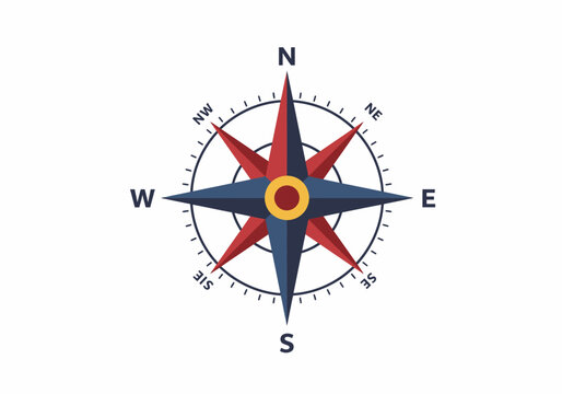A compass rose with north south east and west directions labeled and surrounding abbreviations for northeast northwest etc