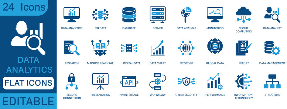 Data analytics icon set. Big data analysis technology symbol. Containing database, statistics, analytics, server, monitoring, computing and network icons. perfect flat icon collection.