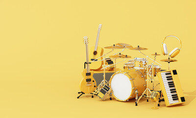 Obraz premium A vibrant yellow music setup with drum kit, electric and acoustic guitars, keyboard, microphone, and headphones on monochrome yellow background. Music performance 3d rendering.