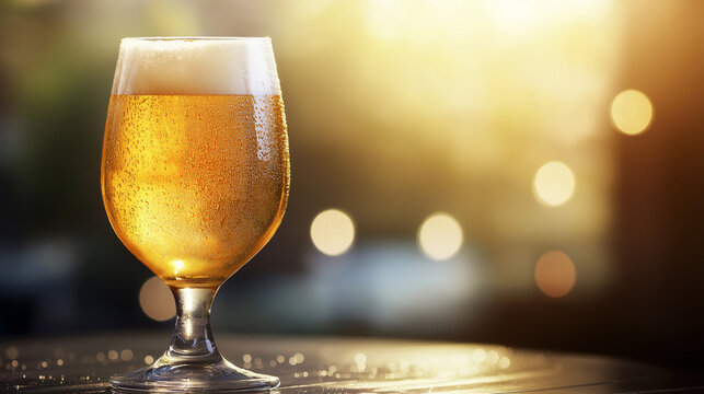  Cold beer in stemmed glass glowing in evening sunlight