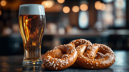 Cold beer and salted pretzels on pub counter