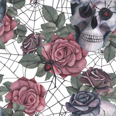 Seamless pattern Scull, dark roses with black spider, cobweb isolated on white background. Watercolor hand drawn illustration. Art design mystical graphics Halloween witch fabric, textile decoration