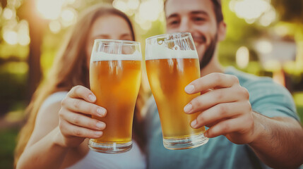Close-up of couple toasting with cold beer at golden hour