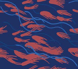 Hand drawn brush lines abstract fish in the pond seamless pattern in orange and blue, Japanese wood carving, block print texture background for textile, carpet, decoration