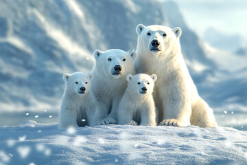A loving family of polar bears relaxing together in a cold snowy landscape